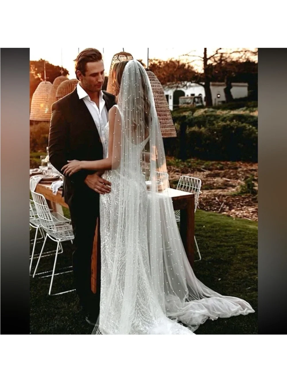 1pc Bridal Pearl Veil With 3m Long Train And Hair Comb